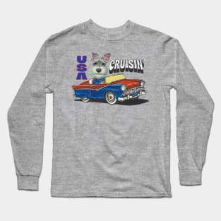 Humorous and cute schnauzer driving a funny classic car through the USA Long Sleeve T-Shirt